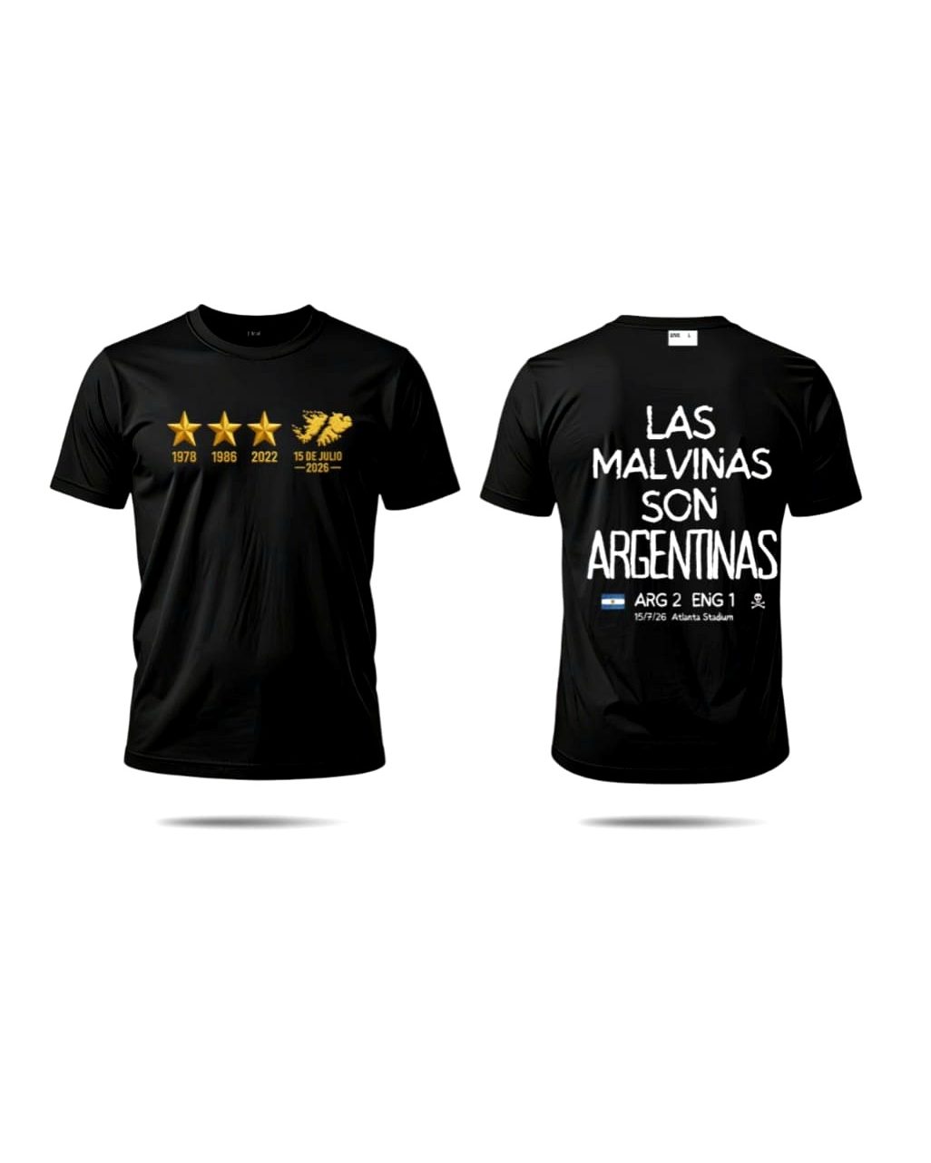 Remeras negras de frente y espalda: al frente, tres estrellas doradas con 1978, 1986 y 2022 junto a las Islas Malvinas; en la espalda, «Las Malvinas son argentinas».
